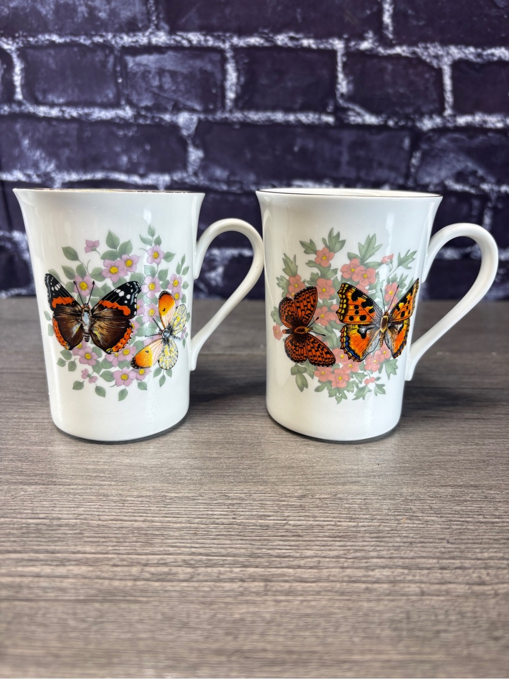 Vintage Set of Two Fine Bone China Butterfly Cups